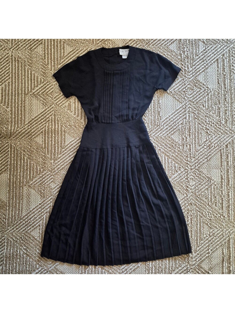 VTG 80s Minimal Black Pleated Midi Dress Dark Academia Grunge Coquette Goth XS S